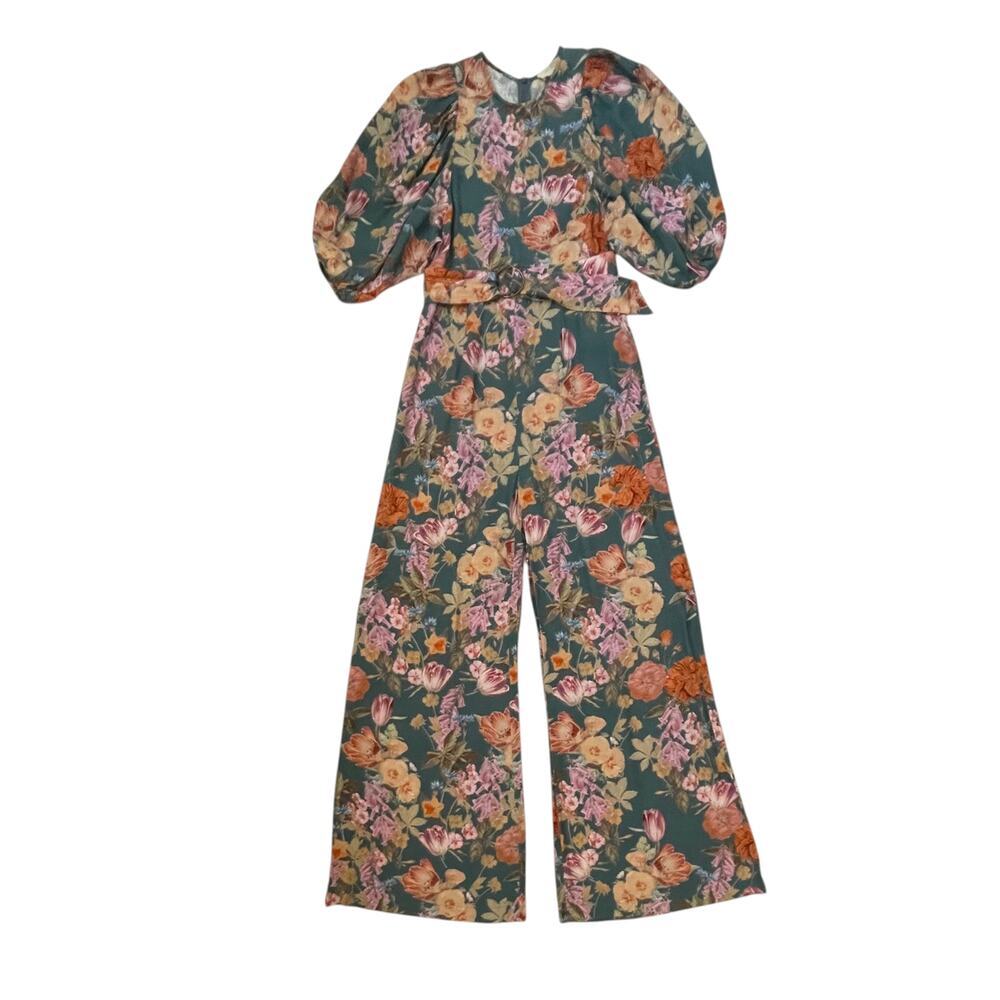 Anthropologie Kachel Floral Balloon Sleeve Jumpsuit - Blue Green - Size 0 - Picture 3 of 9